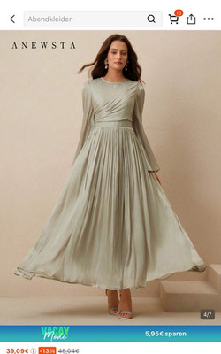 ANEWSTA Damen Abendkleid lang Langarm Plissee Rundhals grün Gr. 42