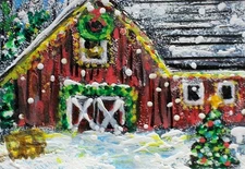ACEO Original Winter XMAS BARN Farm Trees PAINTING Snow Country Landscape ART
