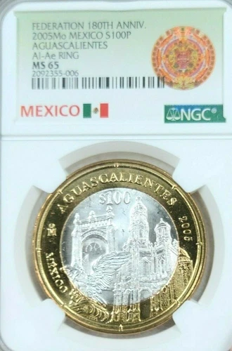 2005 MEXICO SILVER 100 PESOS AGUASCALIENTES NGC MS 65 BRIGHT BEAUTIFUL GEM BU
