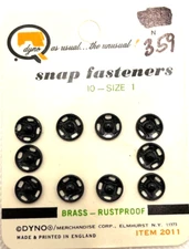 Vintage DYNO #2011 Brass RustProof Snap Fasteners Size 1 Black, Set 10, England