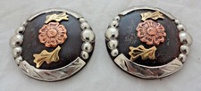 Pair California Hansen Western Gear Conchos Screw Back Silver Overlay Iron 1 1/2