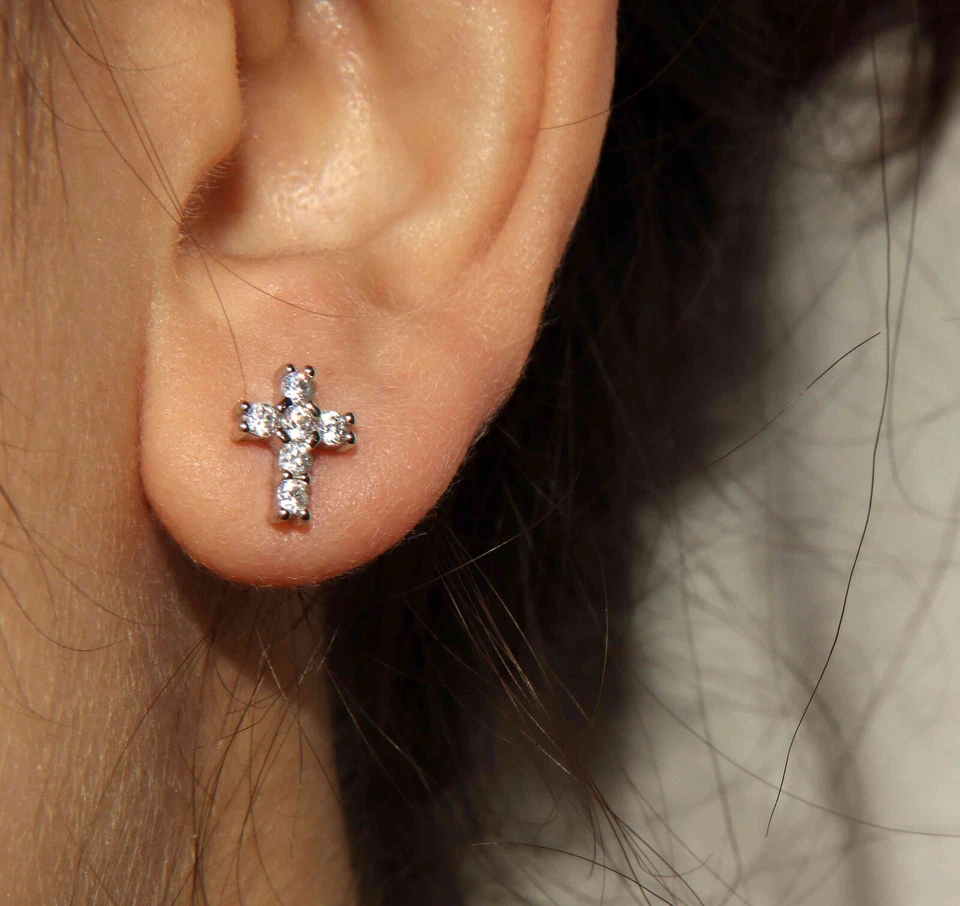 Orecchini argento 925 a croce pietre zirconia cubica bianco 10x8 mm donna uomo - Immagine 2 di 4