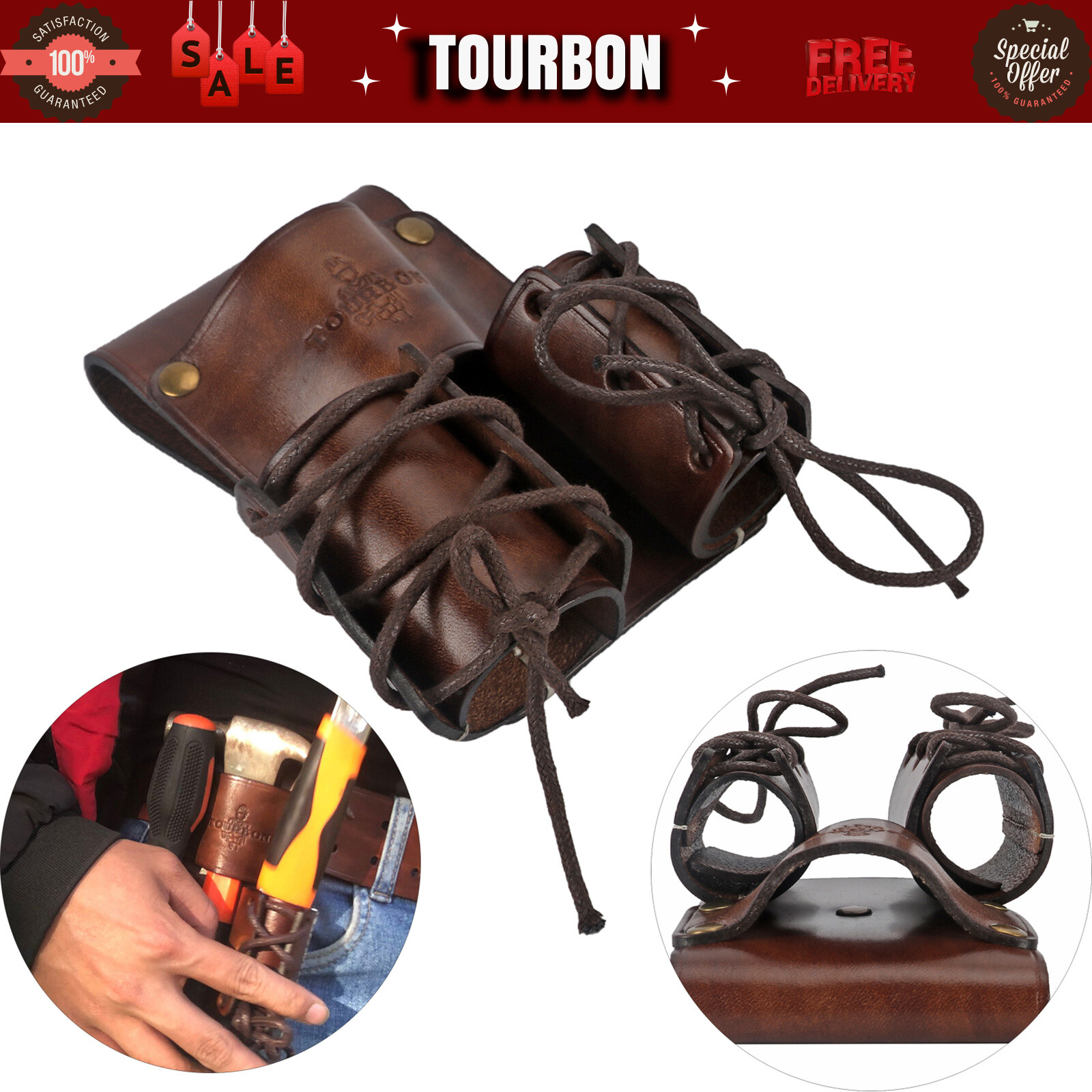 TOURBON Real Leather Double Bullpin Hanger Spud Wrench Tool Carry Holster Pouch