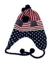 American Flag Beanie Sweater Knit Style Ski Cap Snow Hat Ear covered Red Blue