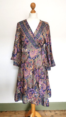 Lila Muster Seide Style Wickelkleid Party 14 16 Vintage Boho Hippie Sommer Neu M