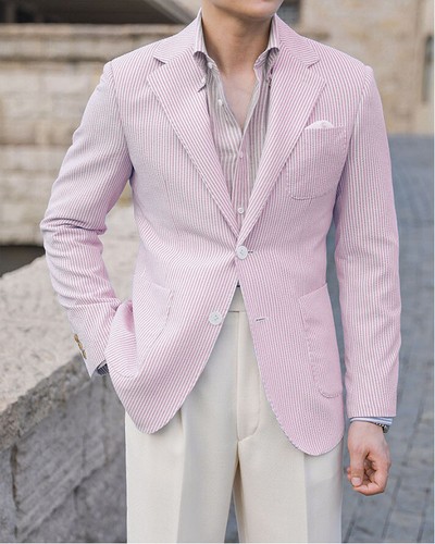 Men Seersucker Suit Blazer Summer Leisure Tuxedo Casual Jacket Party Prom Coat - Picture 4 of 31