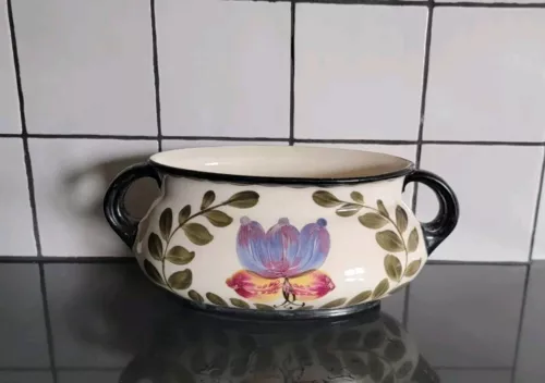 VTG Oval Erphila Czech Art Pottery Flower & Laurel Wreath Dish W/ Handles 