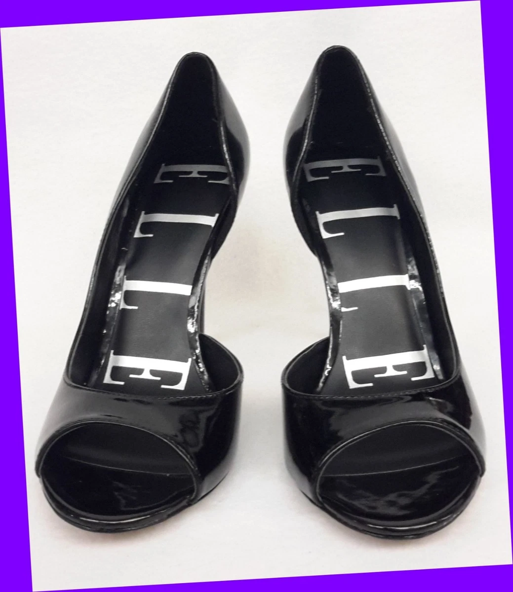 Black shiny open store toe heels