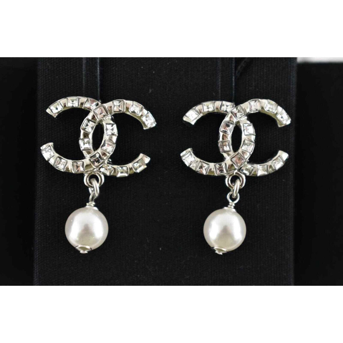 Chanel 22P Silver Crystal Pearl White Chain CC Logo Drop Statement