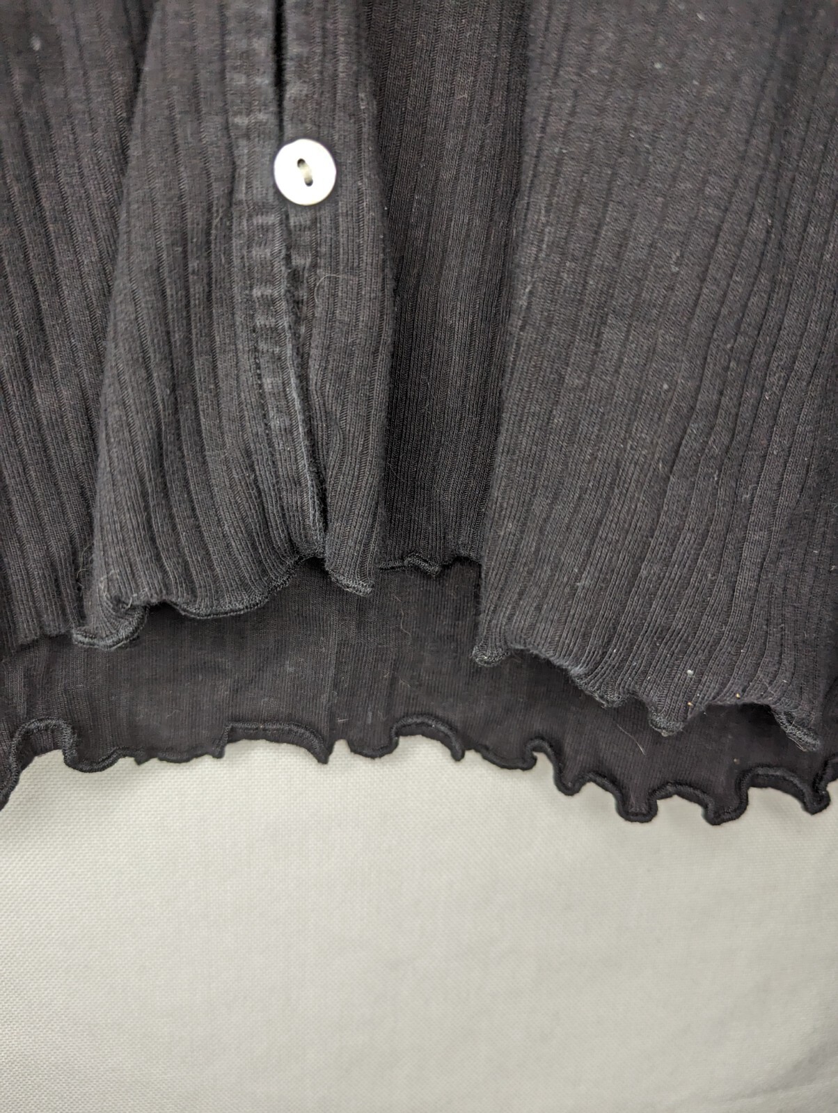 Soft Focus Black Ribbed Collared Ruffled Button C… - image 6