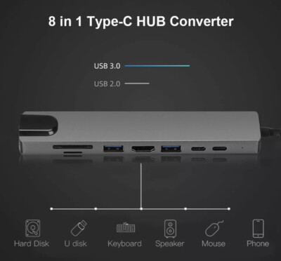8-in-1 USB-C Hub Typ-C HDMI RJ45 Multiport Kartenleser Adapter für MacBook Pro