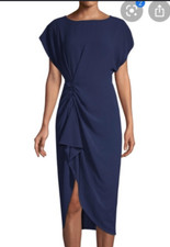 Misha Collection STUNNING Navy Blue Crepe Draped Kendall Dress w/Slit 340 Size
