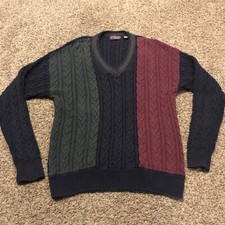 VTG Roundtree and Yorke Chunky Cable Knit Sweater Colorblock V-Neck Size M B22