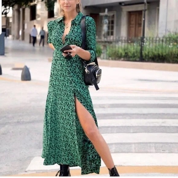 green emerald velvet dress ZARA MOST WANTED ECRU GREEN LEAF MIDI TEA DRESS Ladies  Afashionistastore