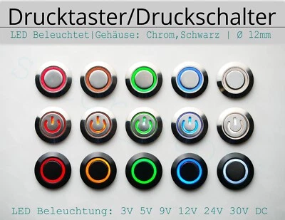 SATOR_STORY Drucktaster Druckschalter LED Beleuchtet 3V 5V 6V 9V 12V 24V 30V Metall Ø12mm