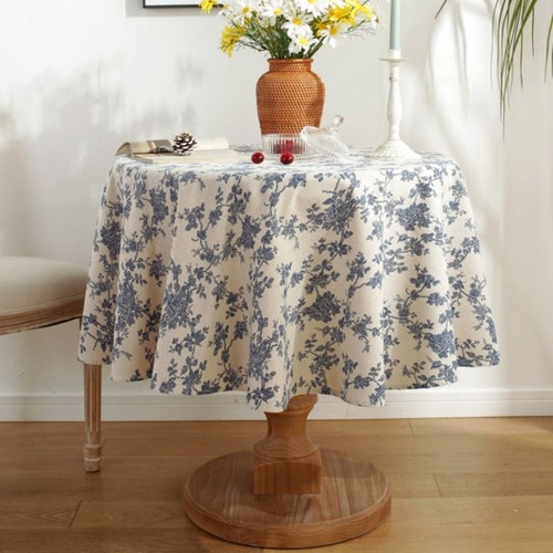 Blue Small Round Table Cloth Cotton Floral Tablecloth Home - Picture 8 of 17