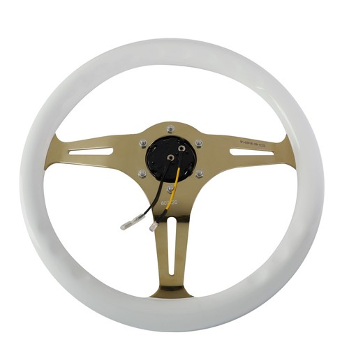 NRG 350MM WHITE WOOD GRAIN GRIP CHROME GOLD 3-SPOKE STEERING WHEEL W/HORN BUTTON - Picture 5 of 5