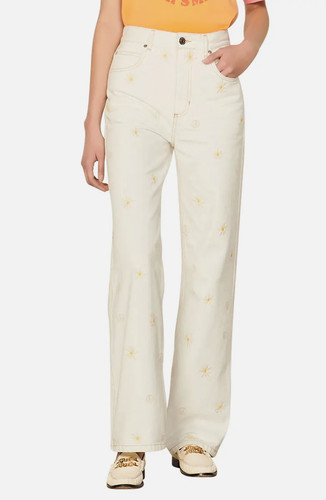 Sandro Women's Ivory Cyriaque Embroidered Wide Leg Jeans Size 38