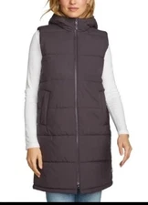 Eddie Bauer Womens Puffer Vest Purple Long Hood Pockets Sleeveless Lightweight M