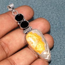 Long Bumble Bee Jasper Black Onyx 925 Silver Plated Pendant 2.8