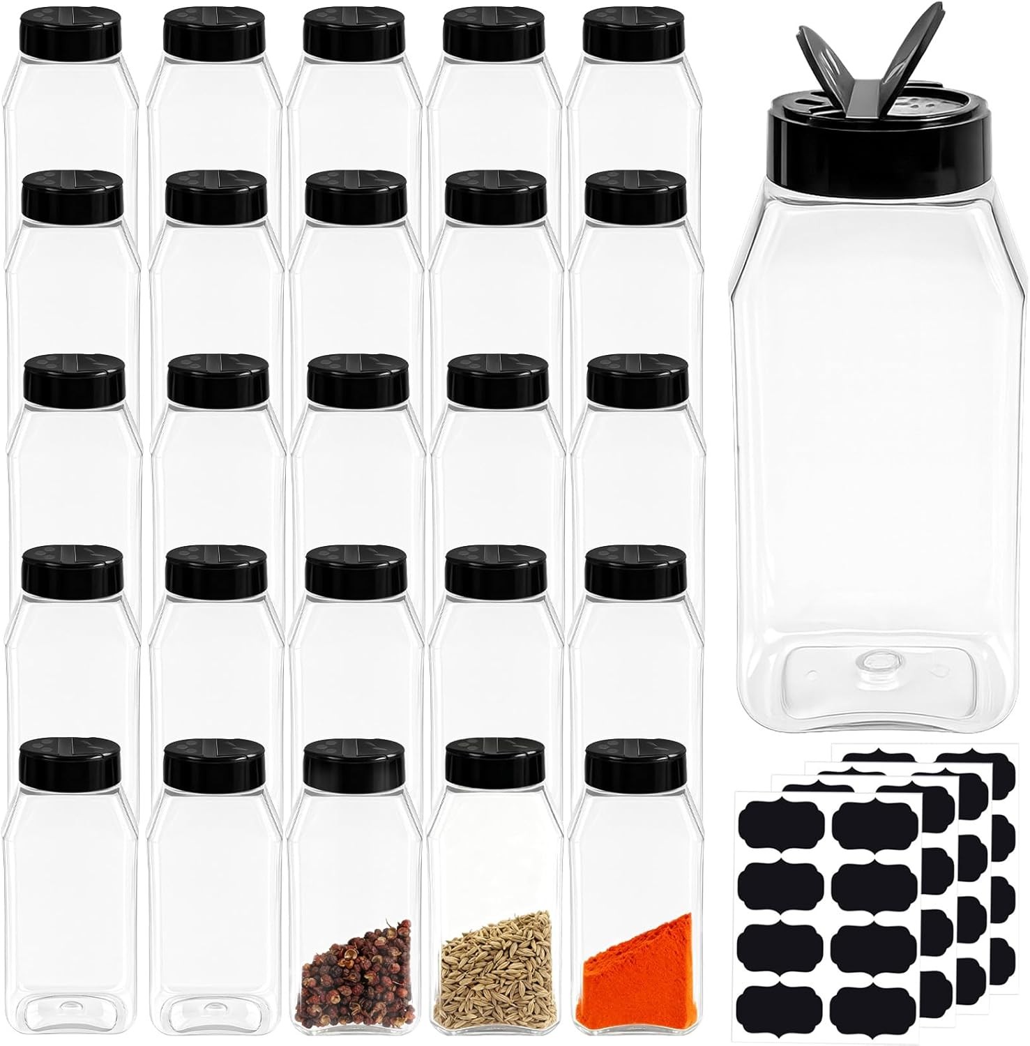 Ysglory 28 Pack 16 Oz Plastic Spice Jars Bottles Containers with Black Cap Empty