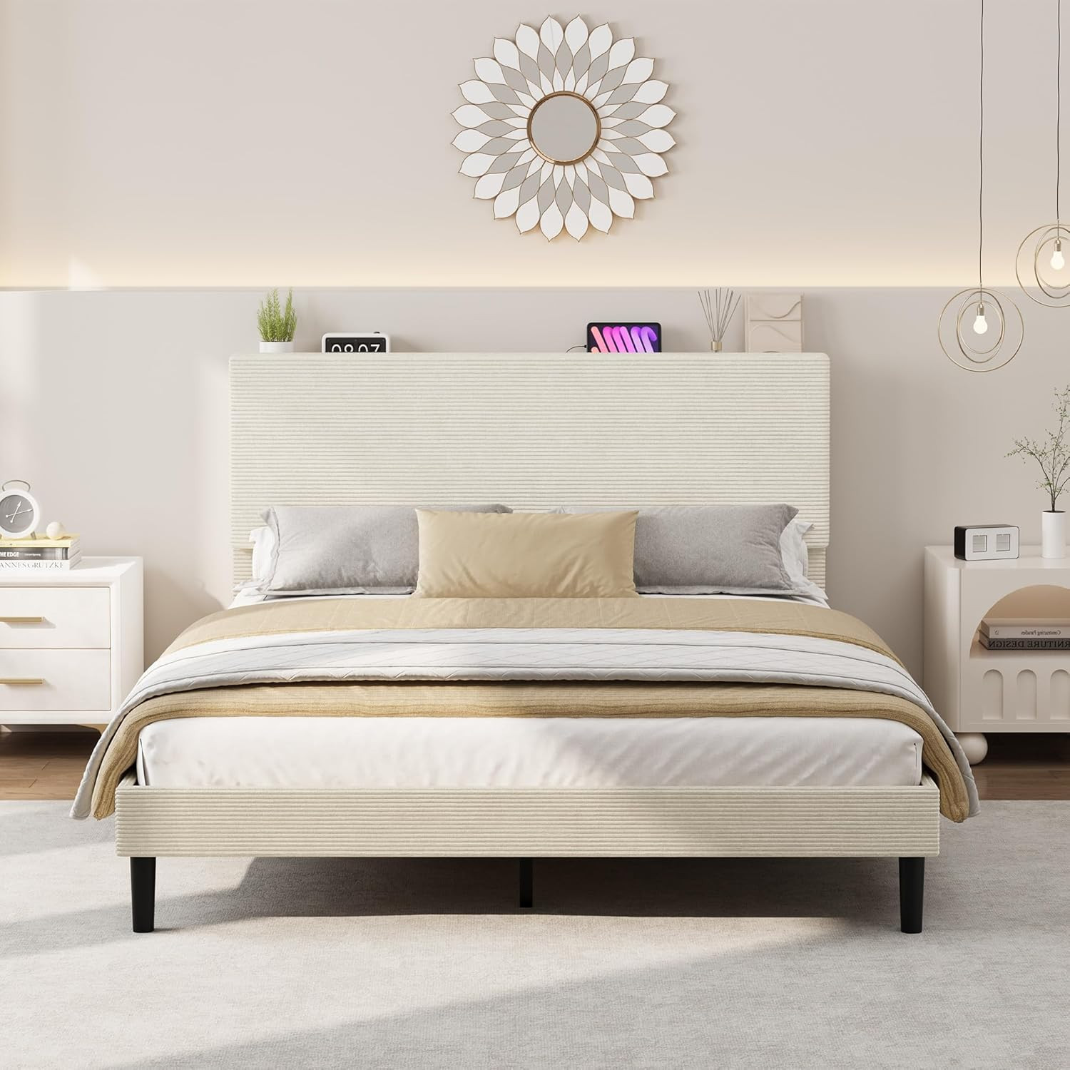 With Adjustable Headboard & Storage, Beige