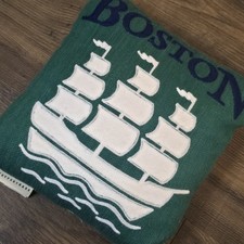 Pottery Barn Boston Tall Ship Pillow 12x12 Green Navy Embroidered Cotton
