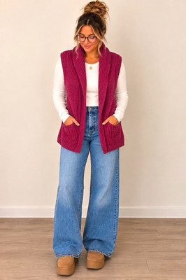 GAP Women s Burgundy Chunky-Knit Sweater Vest Shawl Collar Open Front M/L