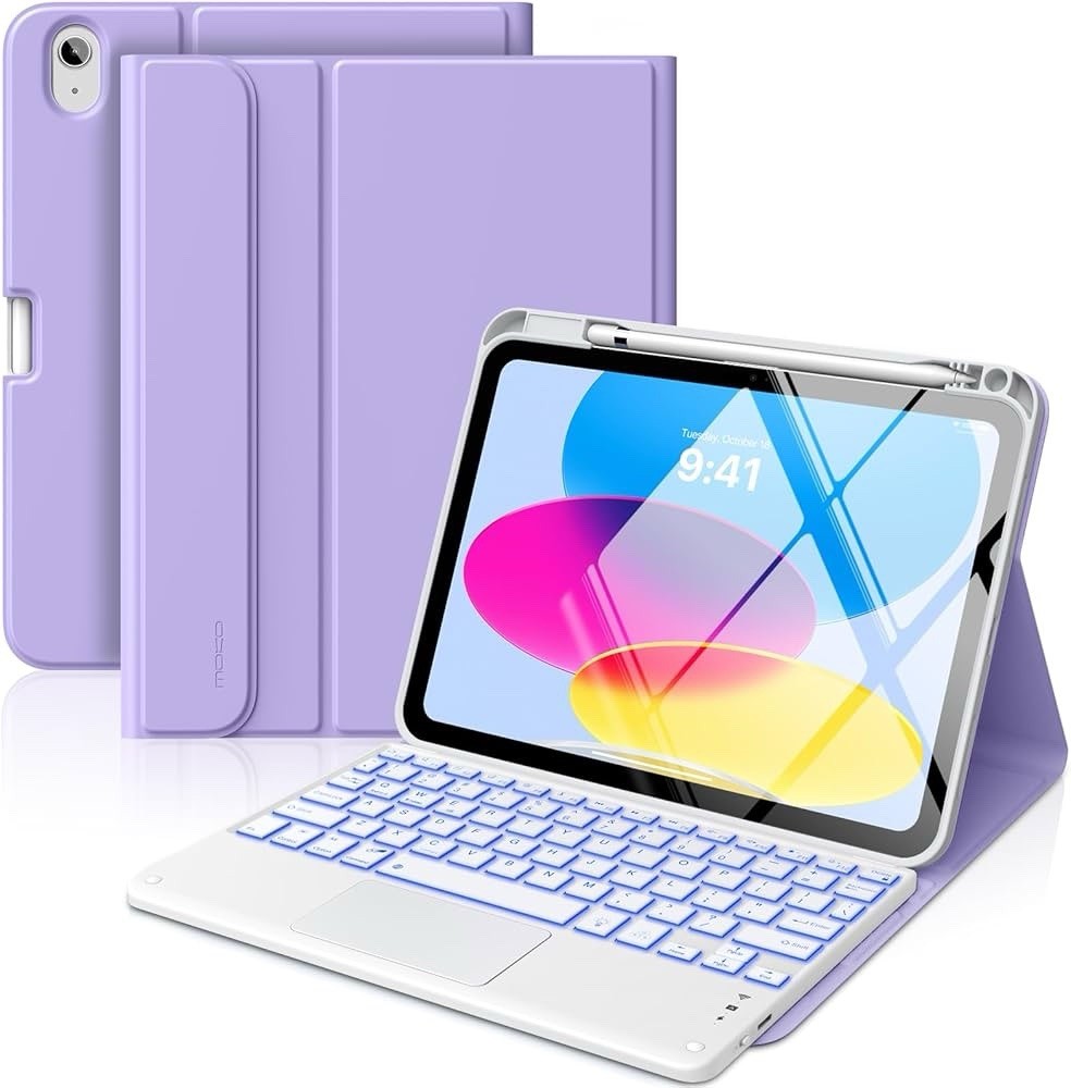 MoKo Keyboard Case for iPad 11" 2025 A16 / 10th Gen 10.9 Backlit Trackpad Lilac