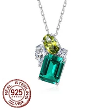 Women 925 Sterling Silver Green Zircon Crystal Pendant Necklace Costume Jewelry