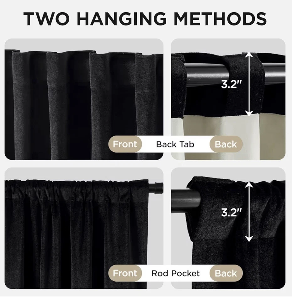 2 Paneles 100% Cortinas Opacas, Lujo Aislamiento Térmico Terciopelo Negro 52W x 72L Foto 4 de 4