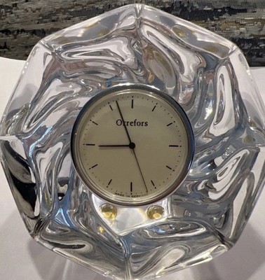Vintage Orrefors Crystal  Heavy Paperweight Removable Clock Needs Battery