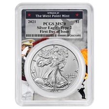 2021 $1 Type 2 American Silver Eagle PCGS MS70 FDOI West Point Frame