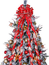 Large Red Velvet Christmas Tree Topper Bow with Gold Letter Pattern 52"x13