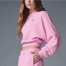 Alo Accolade Crewneck Cropped Sz XS Sweet Pink Sweatshirt French Terry Relaxed