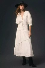 Anthropologie V-Neck Corset Midi Shirt Dress Linen in White Small  BNWT RRP £165