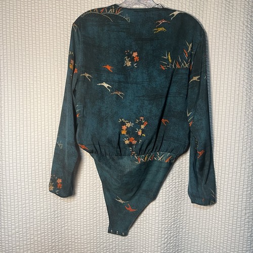 ZARA Women’s Blouse Wrap Bodysuit Jade Green Floral Sz Small Snap Closure VNeck - Picture 2 of 8