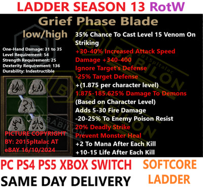  PC PS4 PS5 XBOX SWITCH LADDER Grief Phase Blade Diablo 2 Resurrected Items D2R 