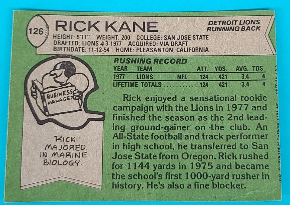 1978 Topps RC #126 Rick Kane Detroit Lions Football Card C6 - Image 2 of 2