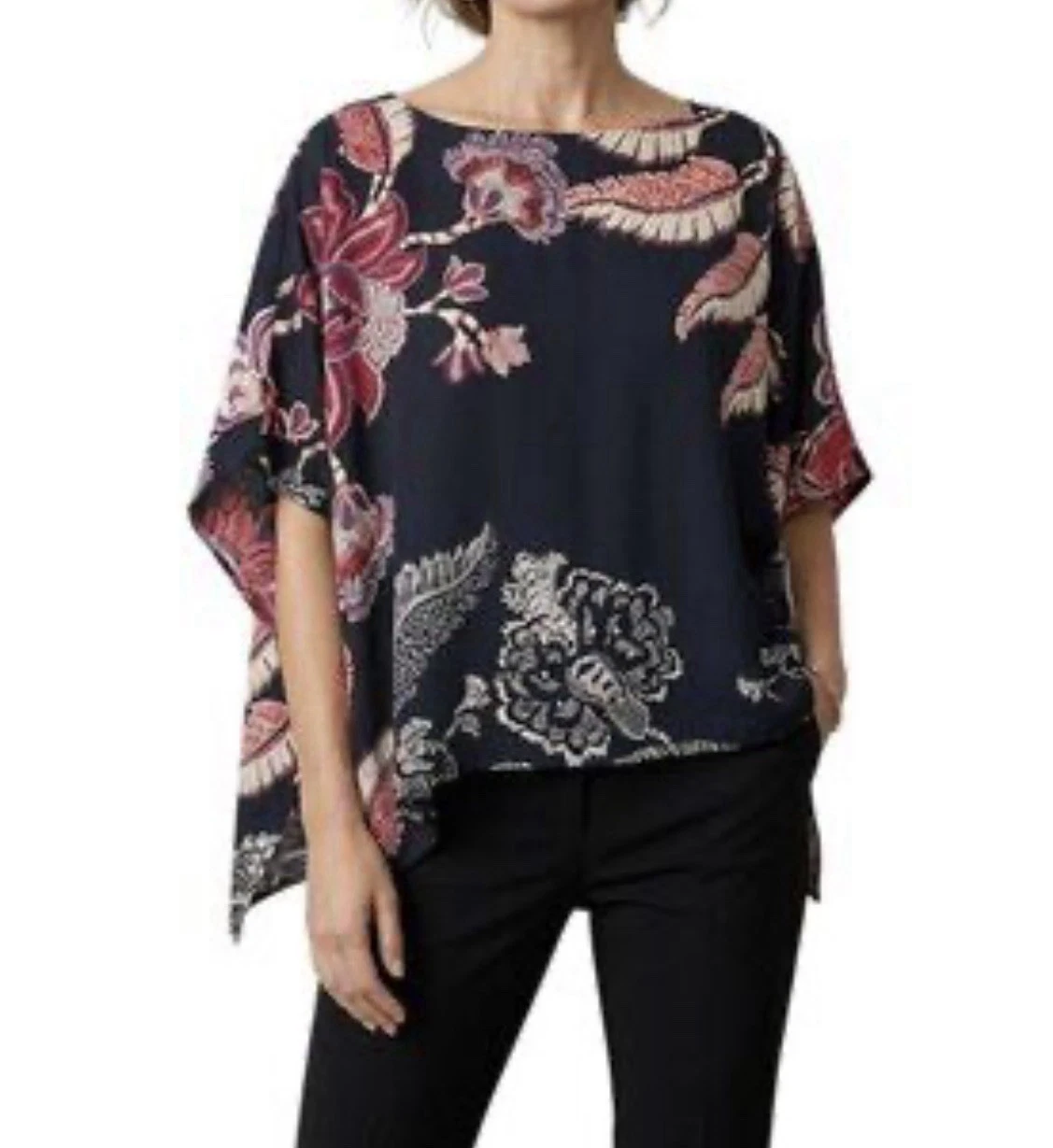 Chicos Floral Print Kimono Poncho Style Blouse Women's SZ-XL Dark Blue