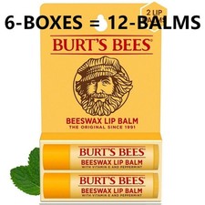 Lot Of 12 Burt  s Bees Beeswax Lip balm with Vitamin E  Peppermint 6 x 2pk 12 