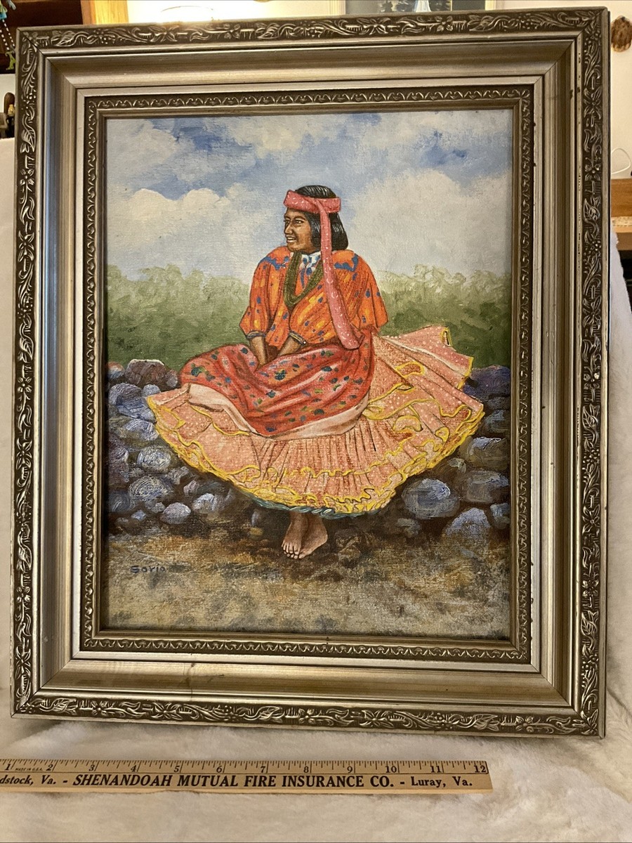painting of lady in orange dress Framed Signed Soria Original Oil Woman Barefoot Blue Sky flaming june