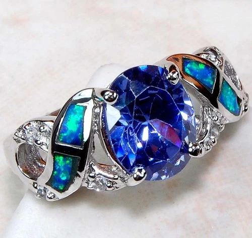 Treated 2CT Treated Blue Sapphire & Opal 925 Sterling Silver Ring Sz 6 GA4-5