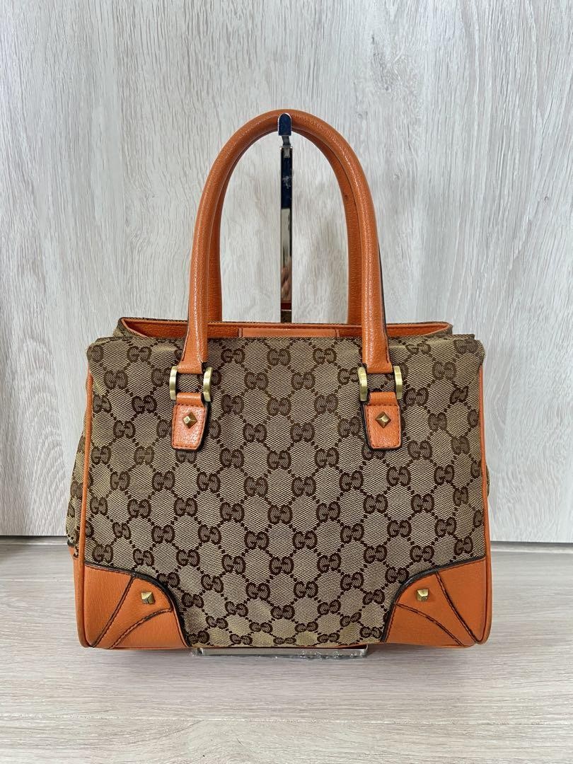 Gucci GG Canvas Orange Stud Leather Tote Bag 9x12x5 Used