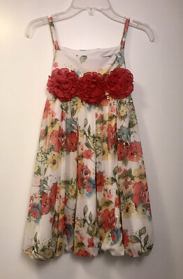 Robe Fille Bonnie Jean Taille 14 Imprimé Floral Orange - Sans Manches, Longueur Genoux - Doublée - Occasion Très Bon état