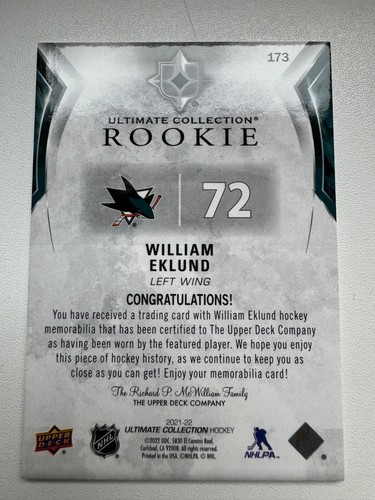 UPPER DECK ULTIMATE COLLECTION 21-22 William EKLUND ROOKIE JERSEY 047/699 - Picture 2 of 2
