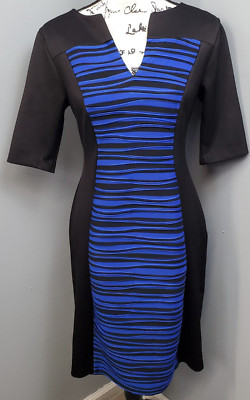 Connected Apparel Bodycon Dress Womens Size 6 Black Blue Stretch V Neck Back Zip