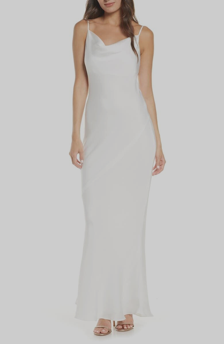 Taylor Ivory Semi Satin Maxi Dress Bridal Sz 10 Cowl neck Zipper Side slit NWT