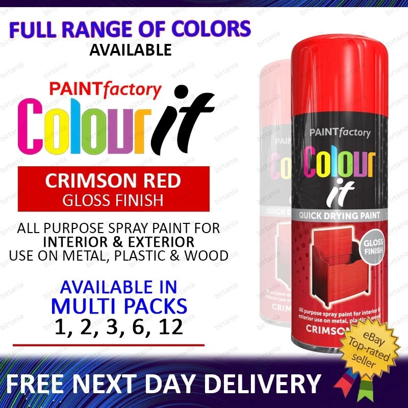 COLOUR IT, PAINT FACTORY Red Crimson All Purpose Spray Paint Aerosol Metal Wood Plastic 400ml - 1 to 12