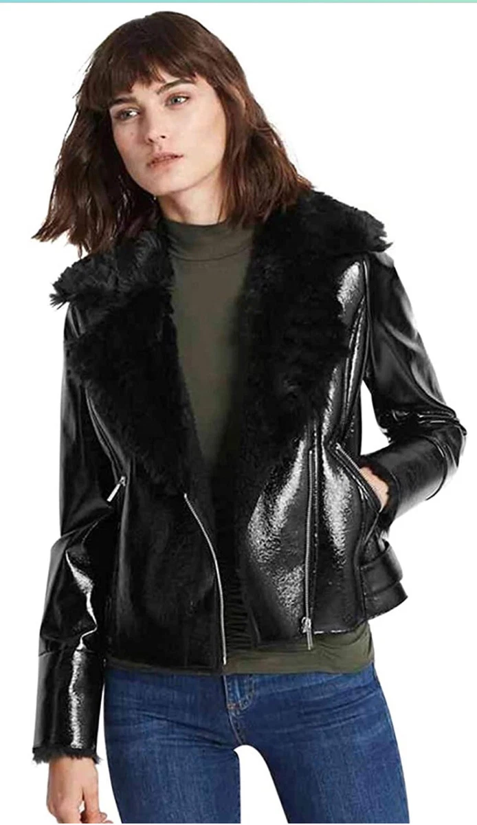 M S RRP 89.99 Limited Edition Black Patent Faux Fur Leather